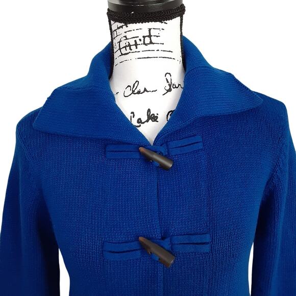 Vintage 90s Cashmere Merino Wool Blue Cardigan Sweater Toggle Royal Blue Sz XS - Picture 2 of 10